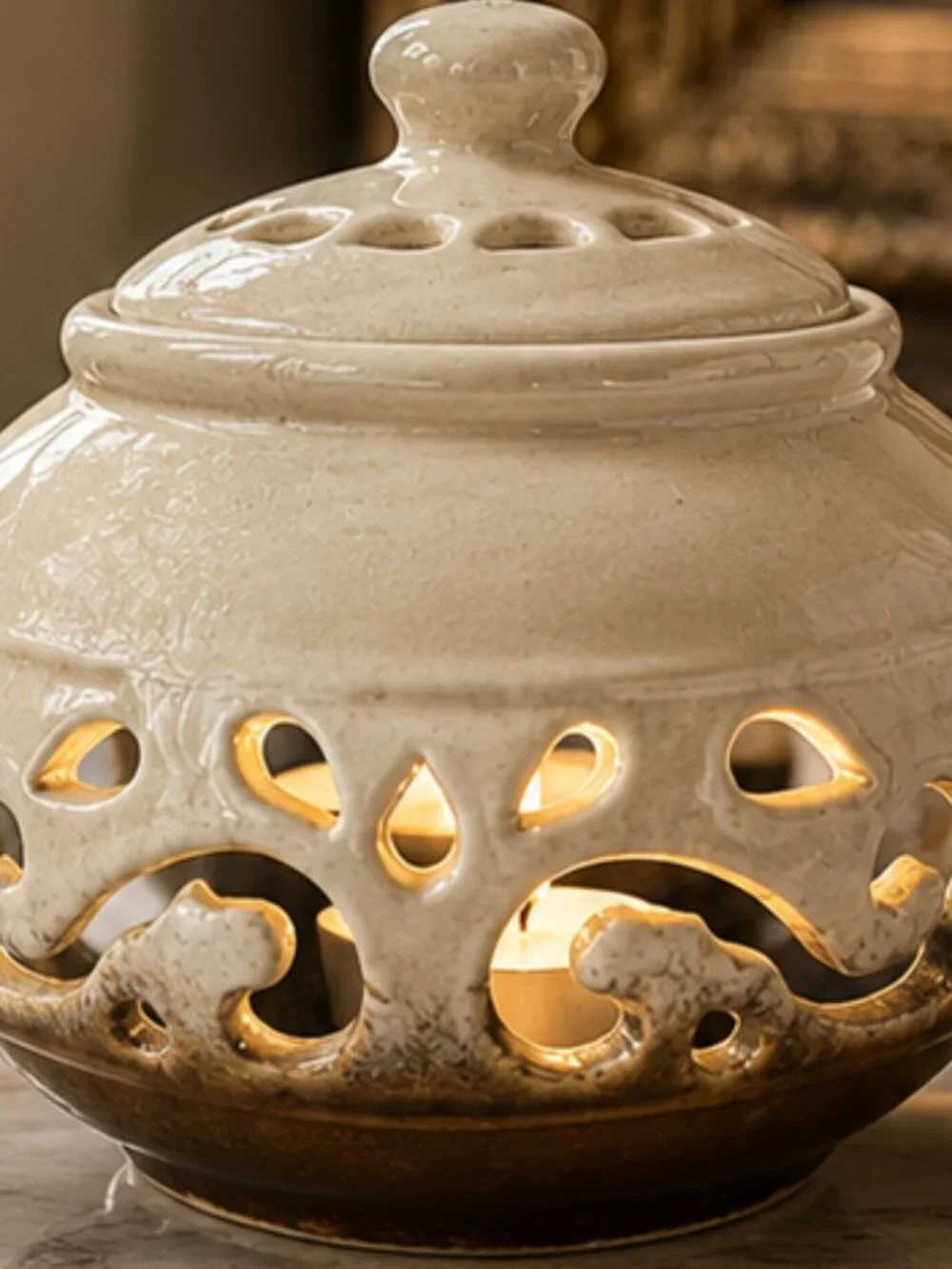Vintage Ornate Pierced Ivory Candle Tea Light HolderTeapot